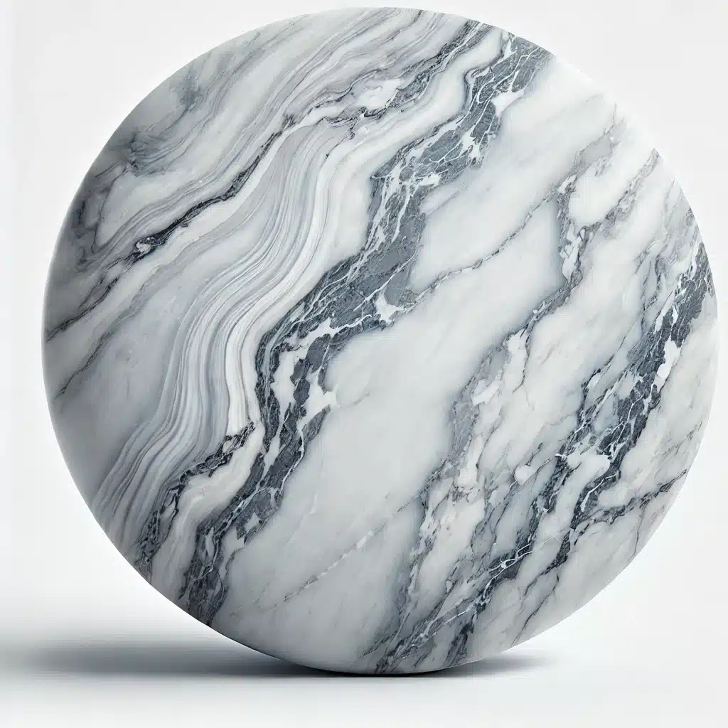 Statuario White Marble with a pristine white background and striking gray veining, featuring a polished and reflective surface, ideal for luxury interiors like flooring, countertops, and wall cladding."